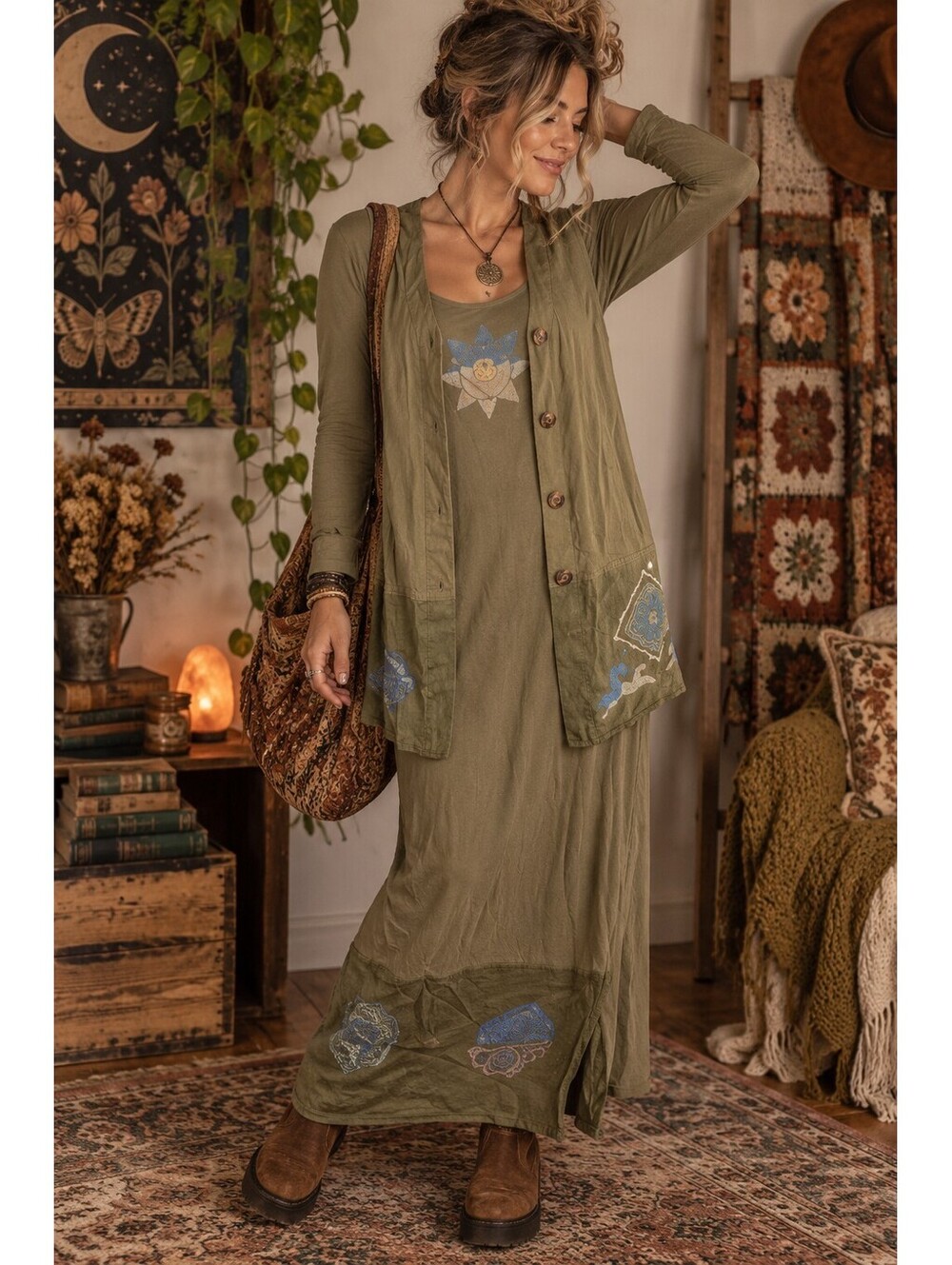 NWT VTG 90s Sweet Jessie 2 Piece Maxi Dress Set Womens M Olive Green Boho Artsy